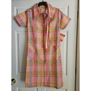 Vintage Sue Sherry Mission Valley Fabric Plaid Dress Pink Orange Blue NWT NOS